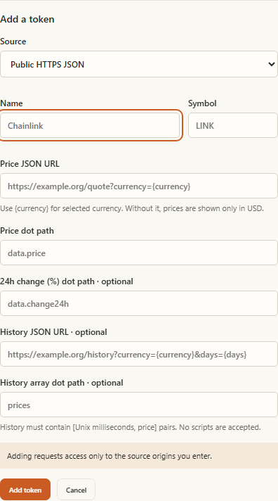 Actual custom source form with token name, symbol, public HTTPS quote URL and JSON field settings.